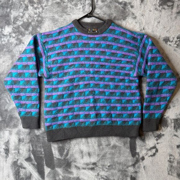 Vintage Coogi Pure Wool Long Sleeve Pullover Sweater Size Large Blue Black Trim - Picture 1 of 7